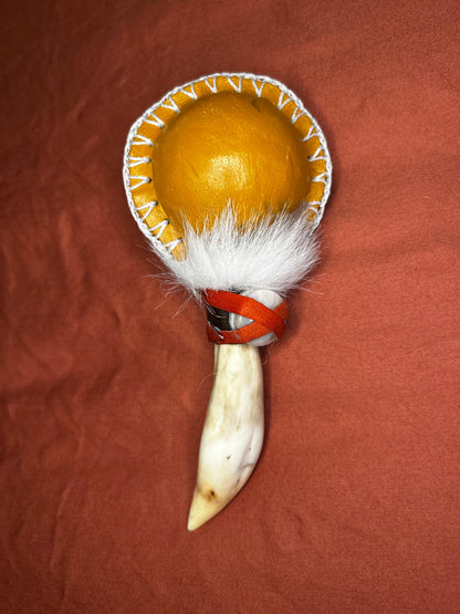 Handcrafted Ceremonial Leather Rattle (Boar Tooth Handle)
