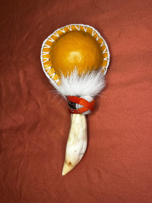 Handcrafted Ceremonial Leather Rattle (Boar Tooth Handle)