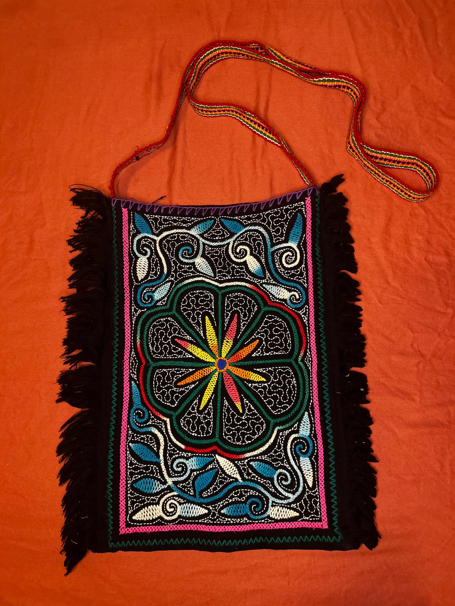 Authentic Shipibo Handwoven Ícaro Medicine Bag (RARE - Black - Fringe)